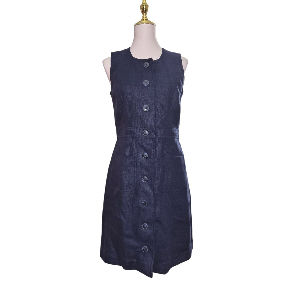 Tory Burch Navy Blue Button Front Linen Shift Dress Size 4‎ NWT